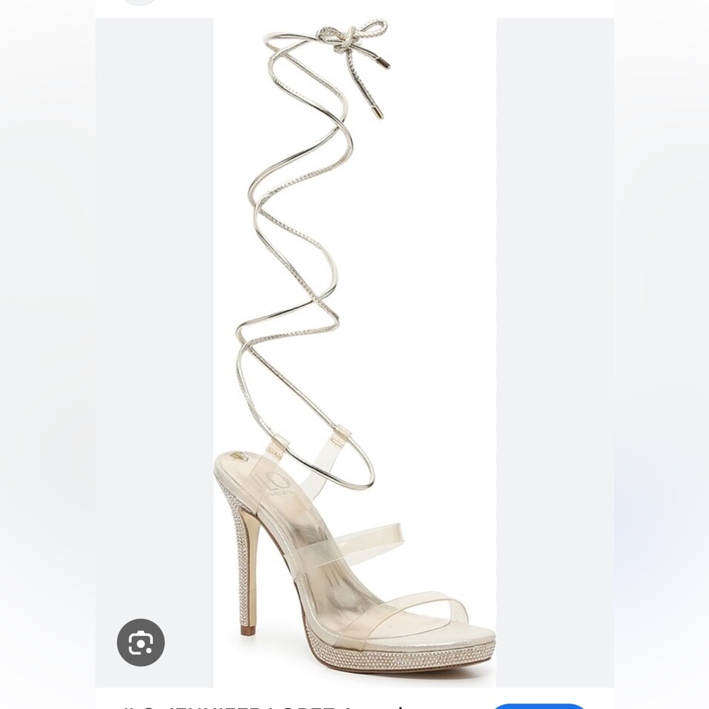 JLO Jennifer Lopez 37 6.5 Astech gold rhinestone wrap clear heel new prom sandal